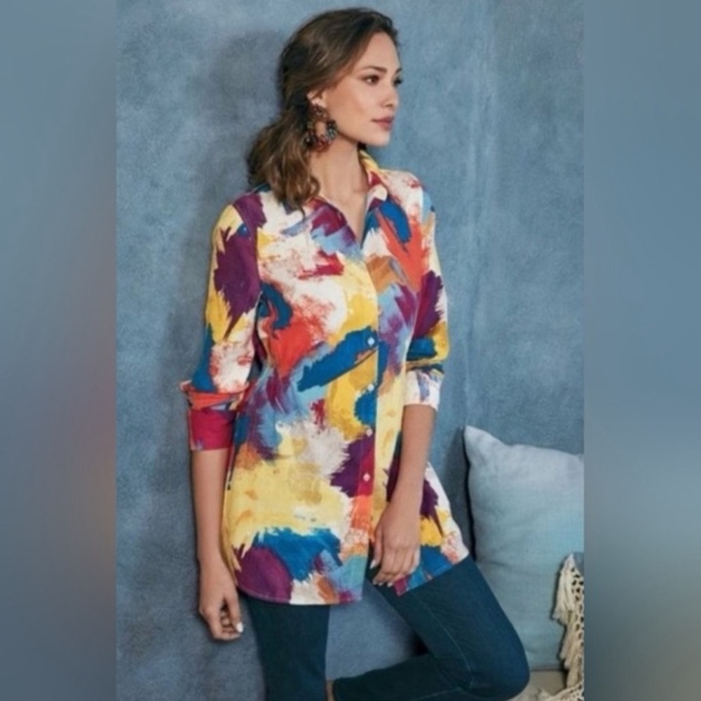 NWOT Soft Surroundings Painter's Palette multi cotton blouse Colorful Abstract M